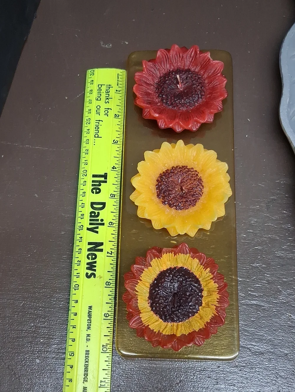 Fall leaf candle arrangement in silver tray & floating sunflower candles